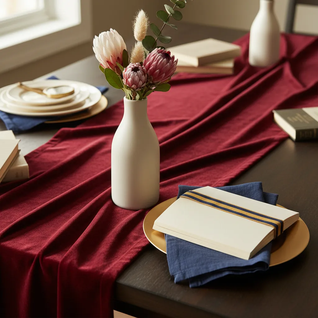 Textured fabrics and ceramic decor in crimson and cream