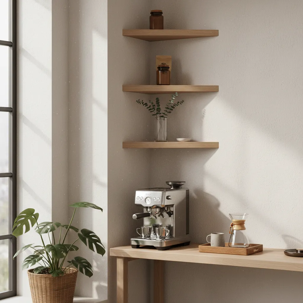 A minimalist wooden corner coffee bar with floating shelves and a modern espresso machine.