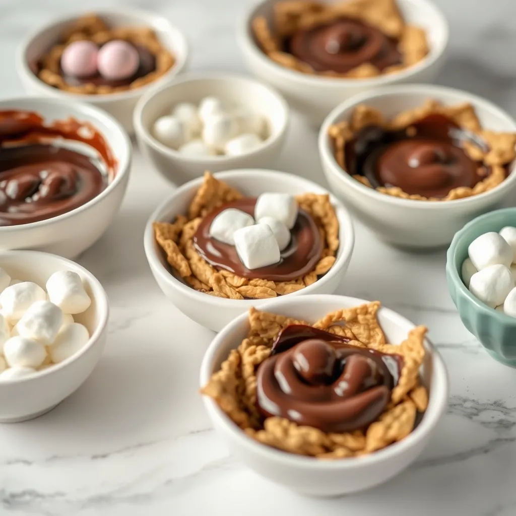 Selection of melted chocolate and marshmallow binders in stylish bowls