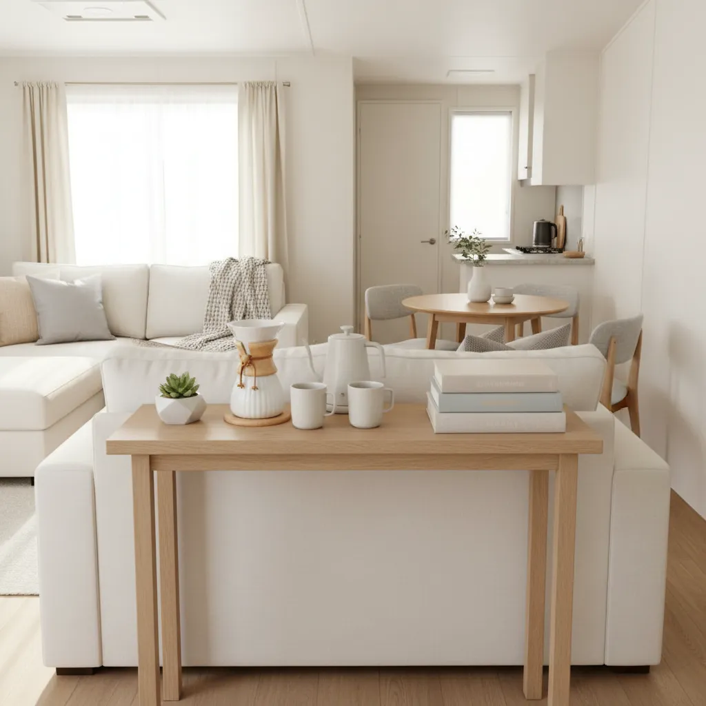 Console table behind sofa separating living room from dining area