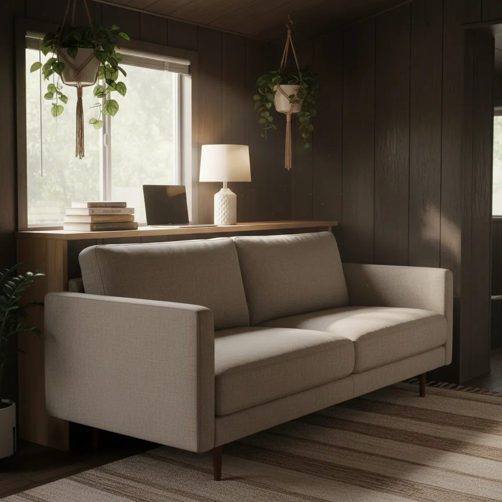 Narrow console table workspace behind a floating sofa in a small room