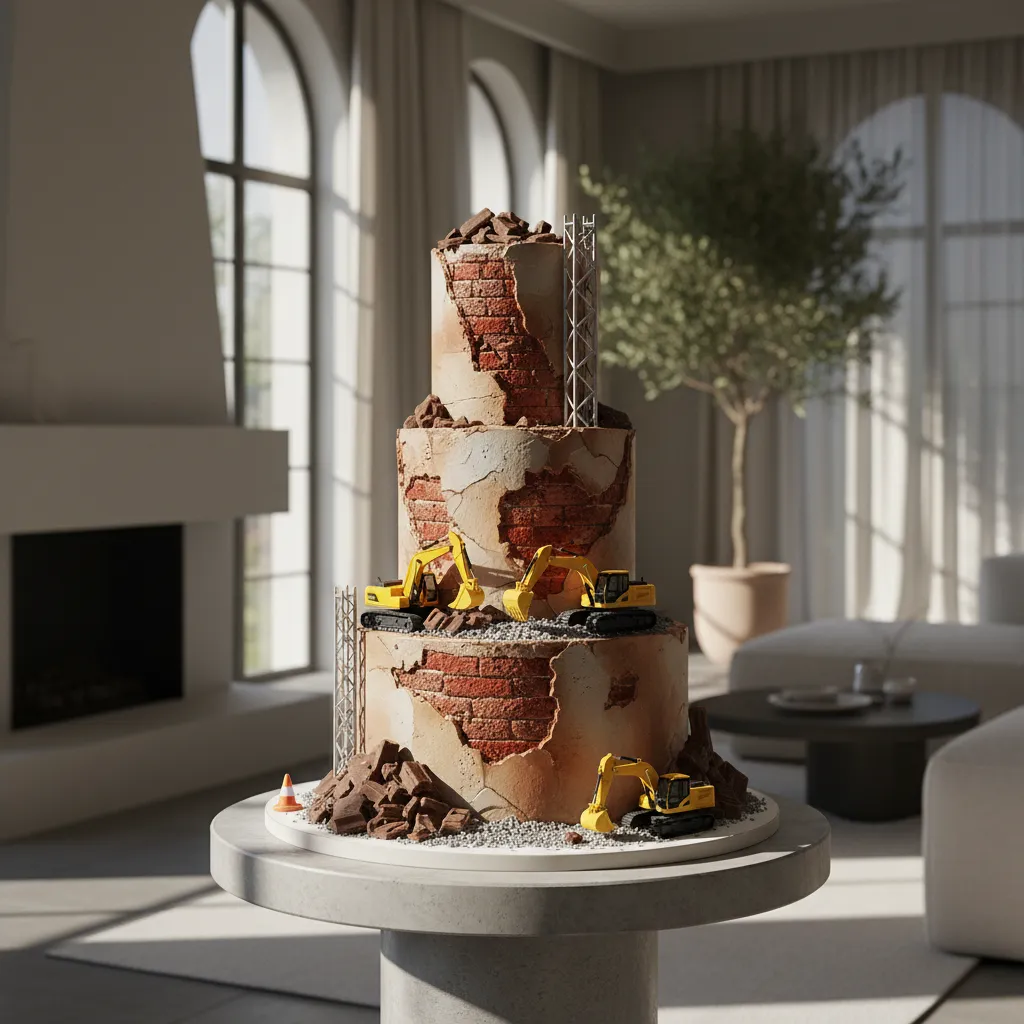 Construction themed Lego cake featuring exposed layers and toy excavators