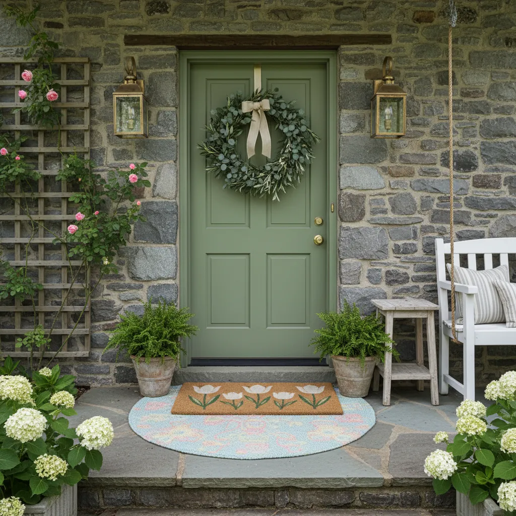 Cottage style home entrance with sage green door and brass lighting