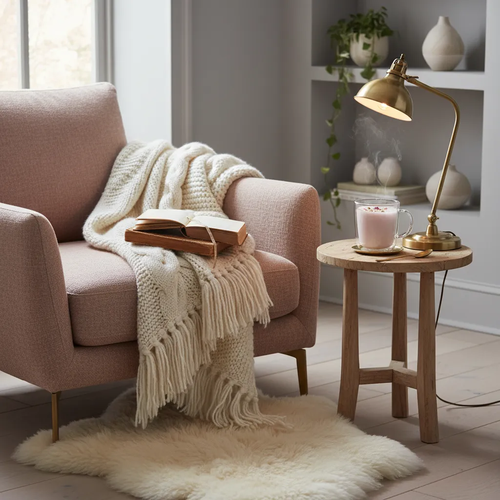 Pink moon milk tea placed on a side table in a cozy reading nook