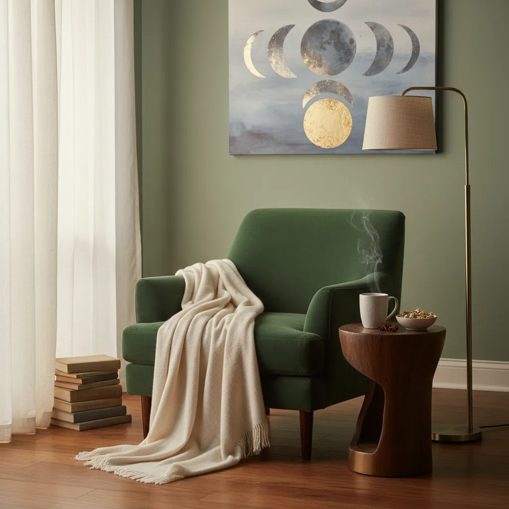 Cozy reading nook with velvet chair and warm lighting for enjoying tea