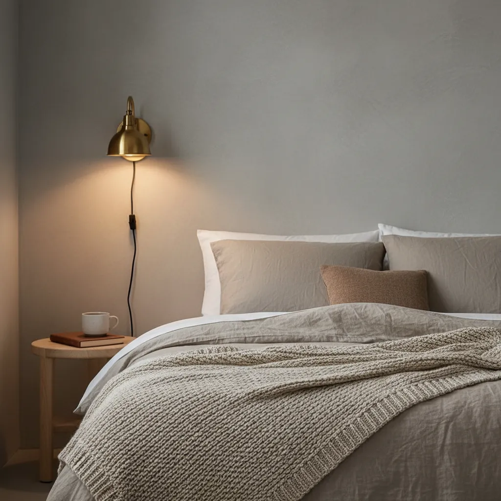Warm brass wall sconce illuminating layered linen and knit bedding in a small minimalist bedroom