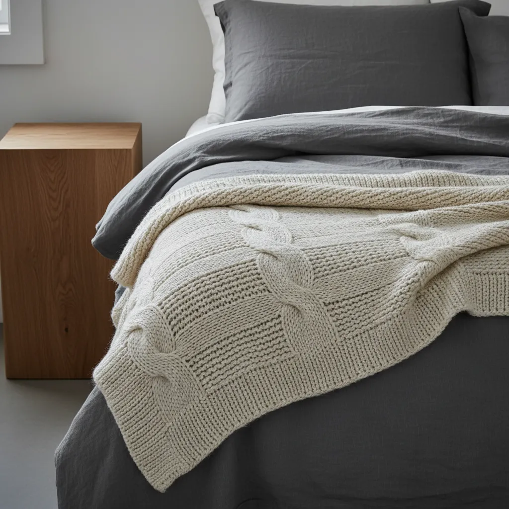 Chunky knit wool throw on charcoal linen duvet with raw oak wood detail