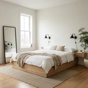 A small bedroom layout featuring cozy minimalist inspirations with a storage bed and neutral decor.
