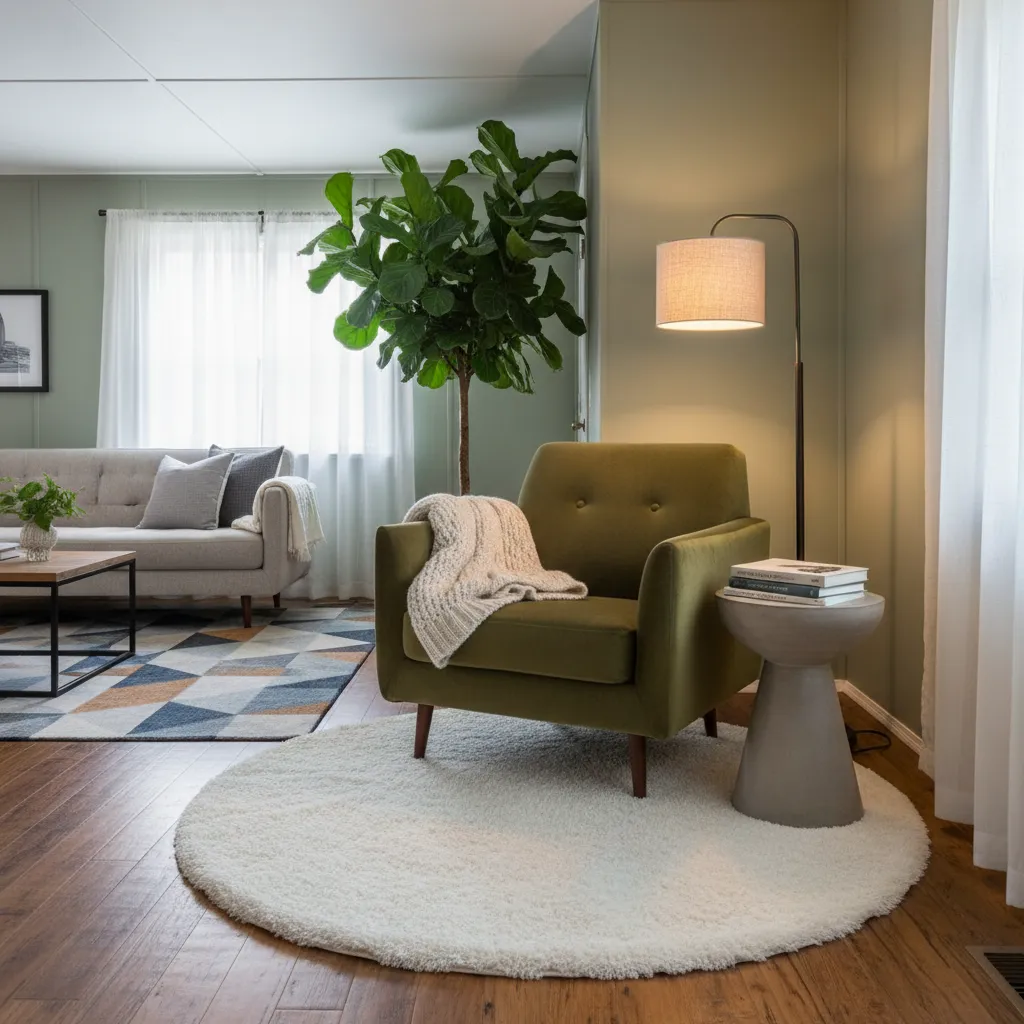 Small reading corner in a mobile home defined by a round sheepskin rug