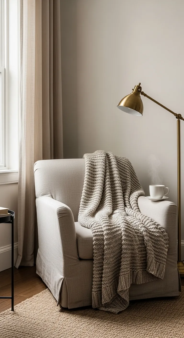 Cozy reading nook featuring a warm drink and soft lighting