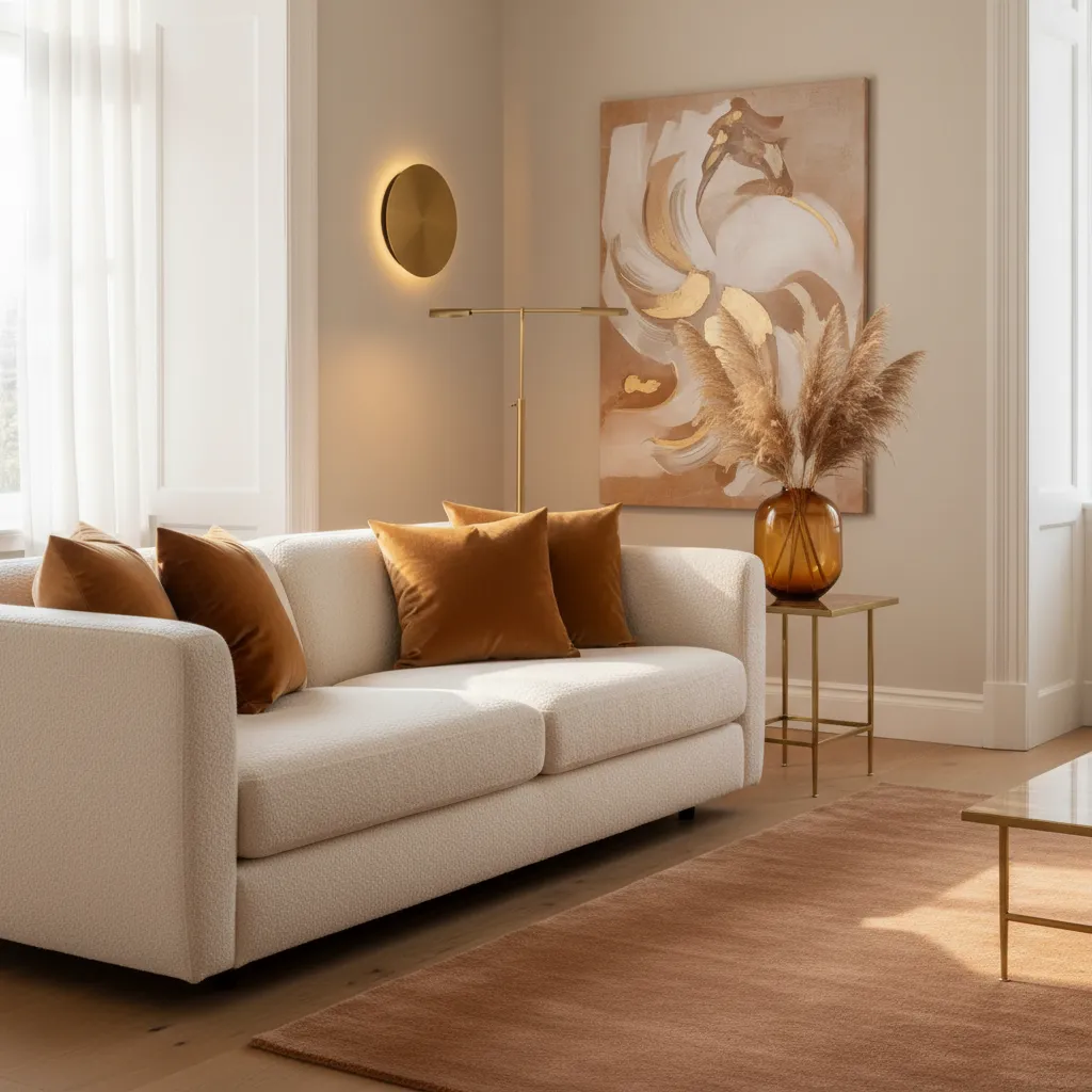 Living room featuring cream furniture with caramel decor accents and warm lighting