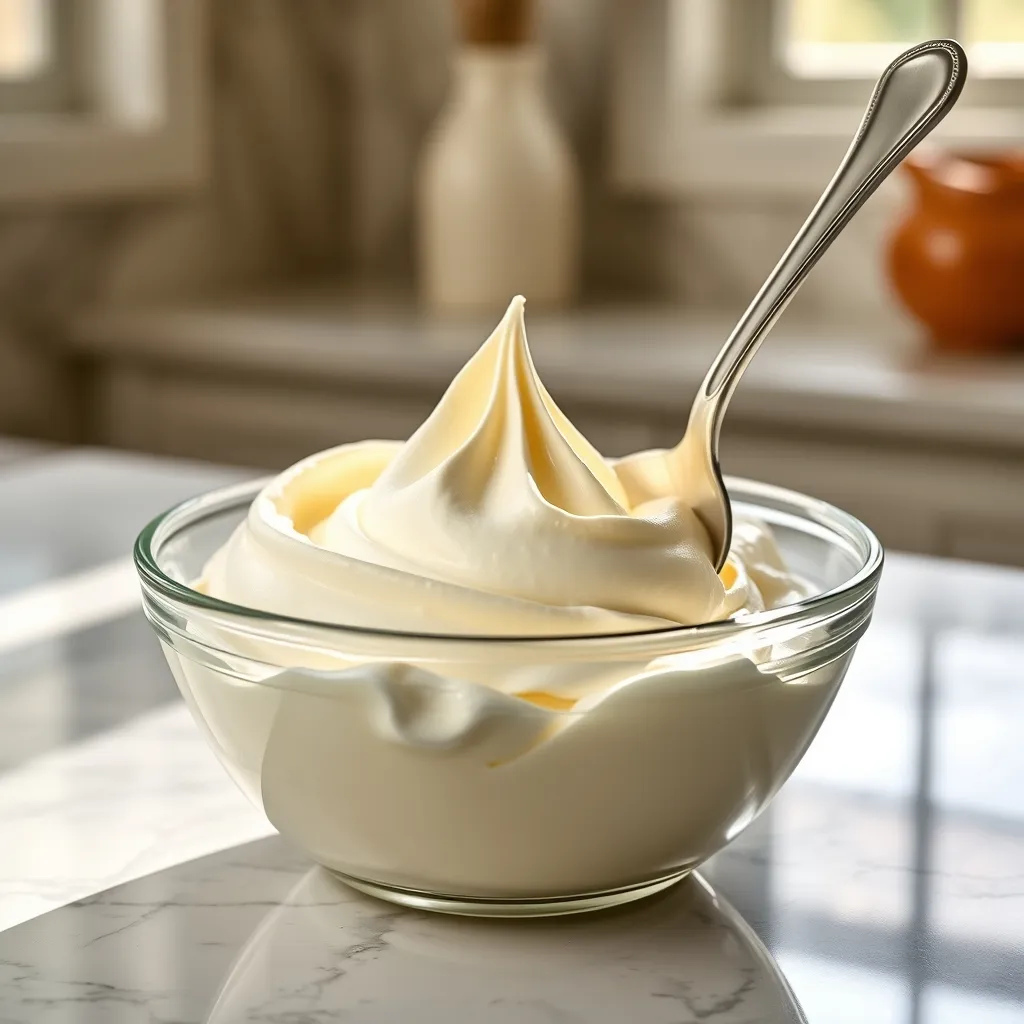 Close up texture of whipped cream cheese and butter mixture in a ceramic bowl