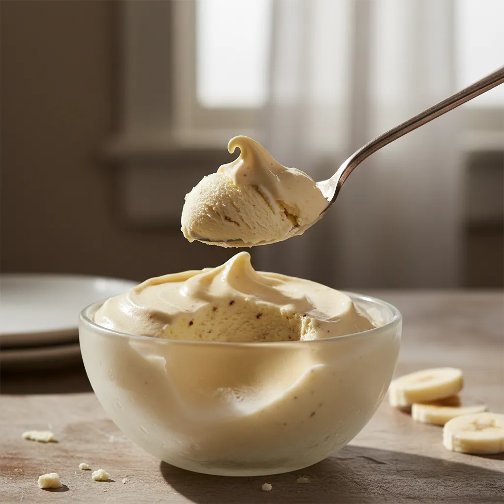 A close up of a silver spoon with a scoop of banana ice cream --no text, no words, no letters, no signboards, no logos