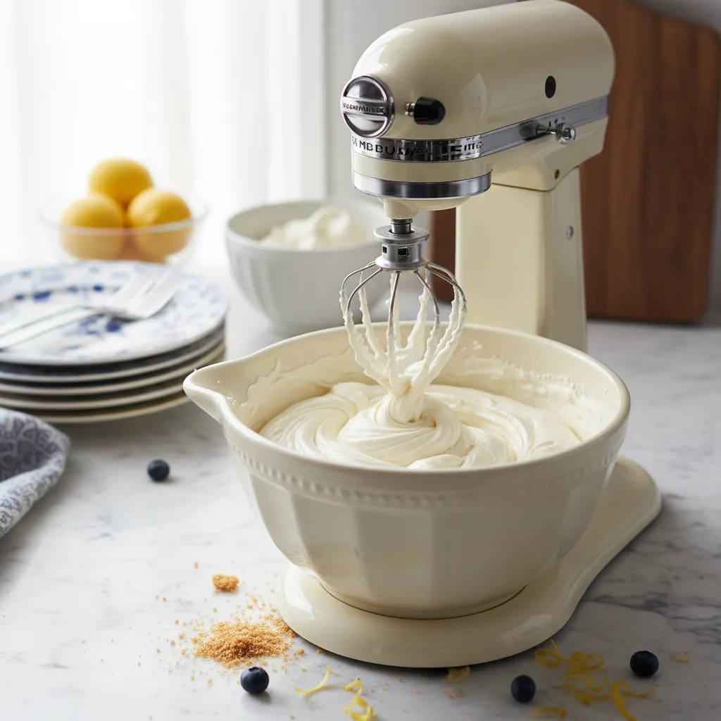 Whipped cream cheese batter texture in a ceramic mixing bowl