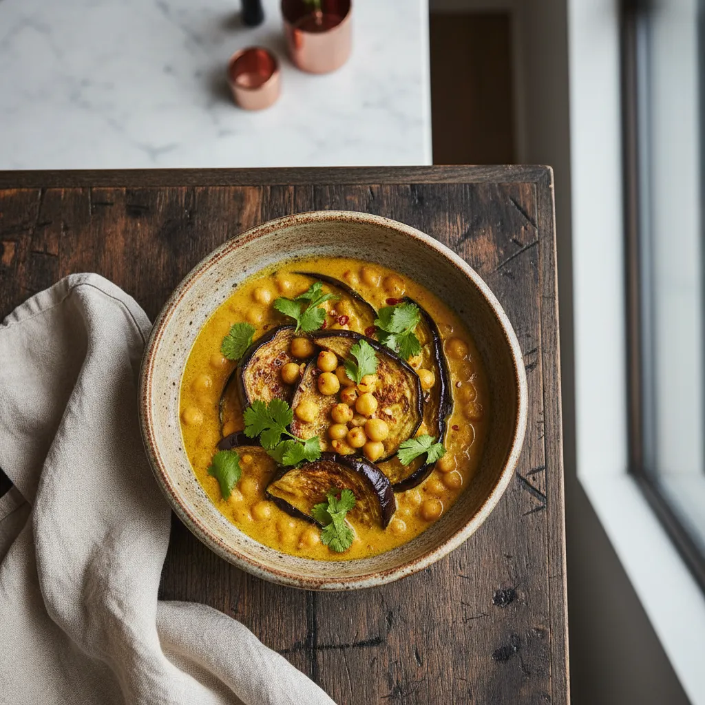 Overhead view of a creamy vegan coconut curry with eggplant and chickpeas served in a rustic ceramic bowl on a wooden table