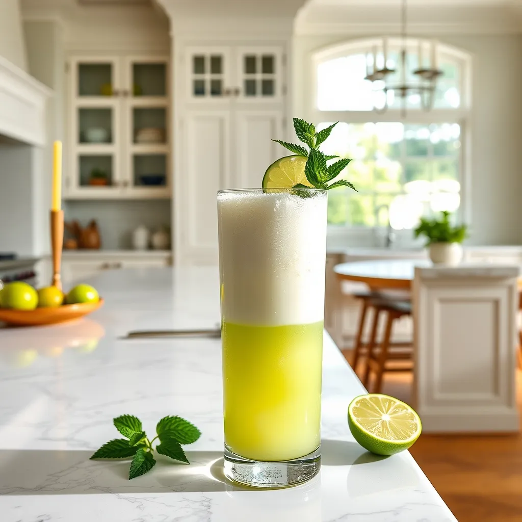 Tall glass of creamy coconut lime drink on a marble kitchen island