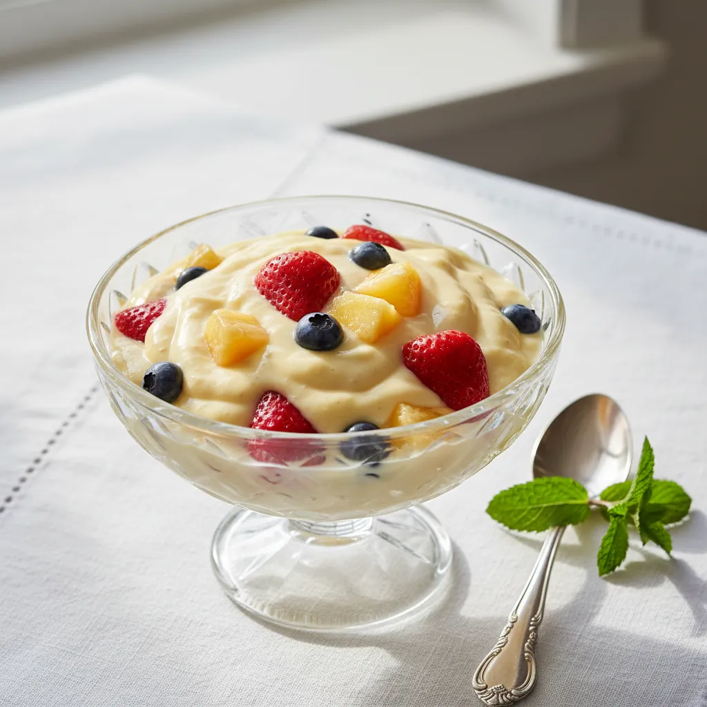 A vibrant Easter fruit salad with vanilla pudding dressing featuring strawberries and blueberries in a clear glass bowl.