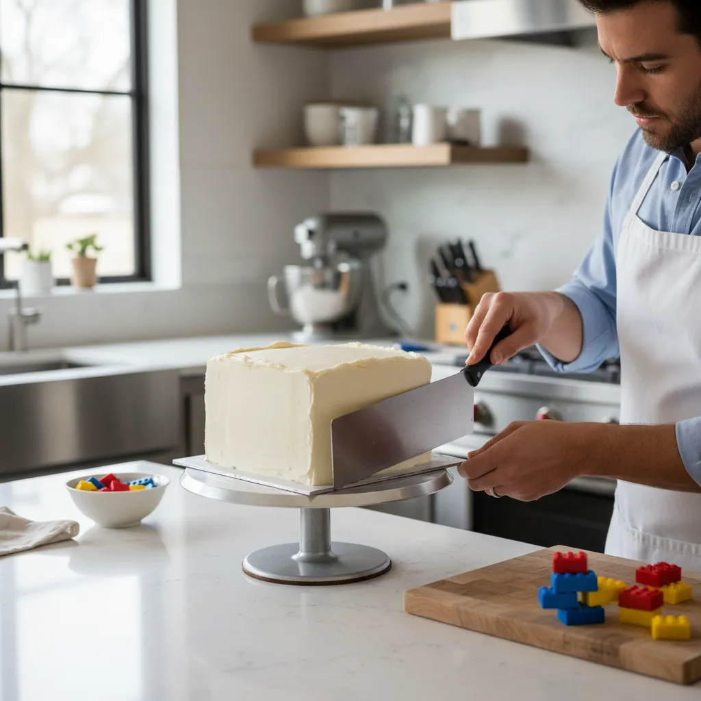 Baker smoothing buttercream frosting on a square cake base