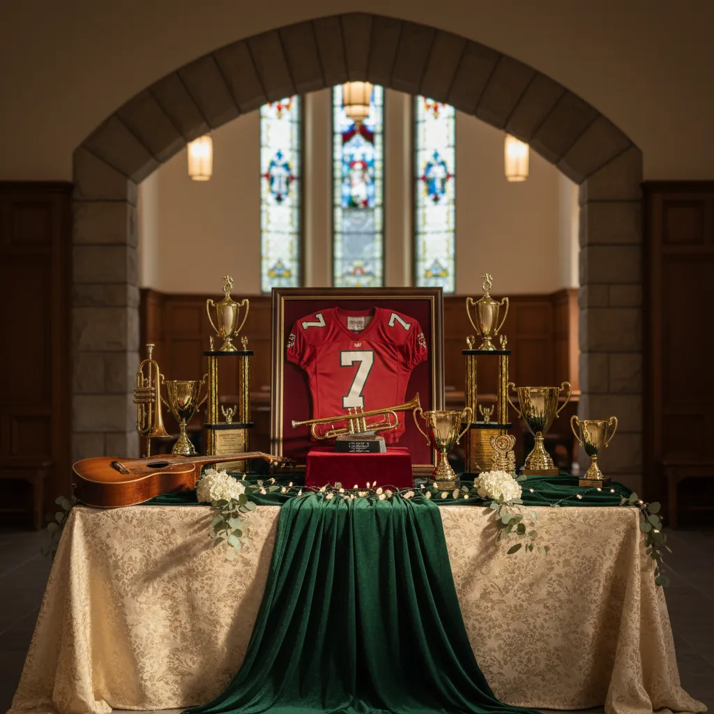 Framed football jersey displayed on a senior graduation table with soft lighting and trophies