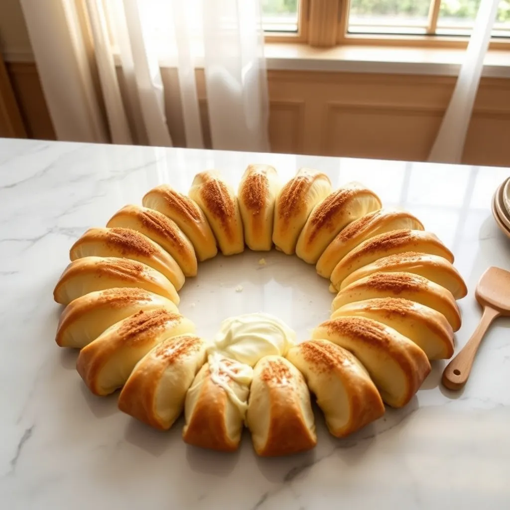 Unbaked crescent roll dough arranged in a sunburst pattern on a marble kitchen island for king cake preparation
