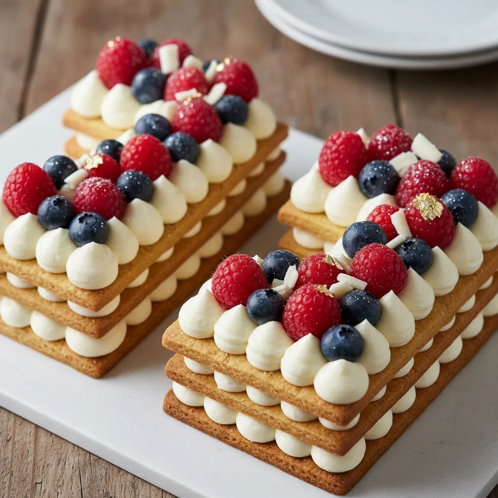 Close up of almond tart dough layers with cream piping
