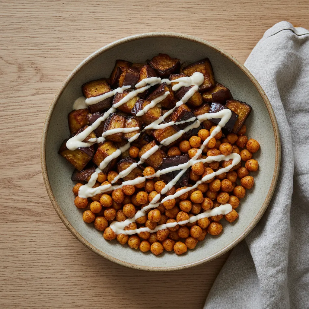 Ceramic bowl with roasted eggplant and chickpeas on a wooden table