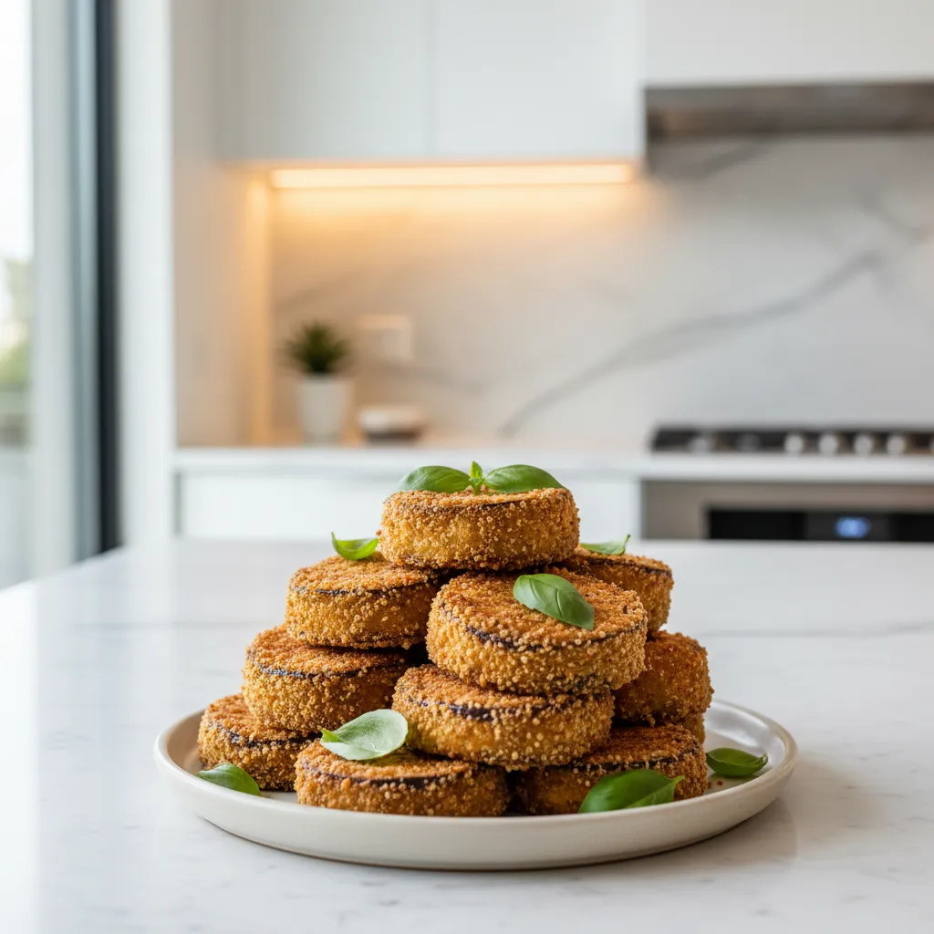 Golden brown panko crusted eggplant slices with melted mozzarella and fresh basil on a ceramic plate