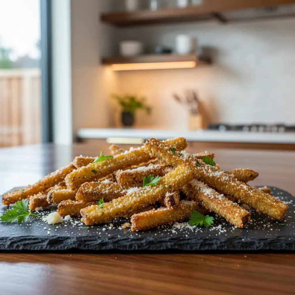 Golden crispy air fryer eggplant fries with parmesan cheese on a slate serving platter