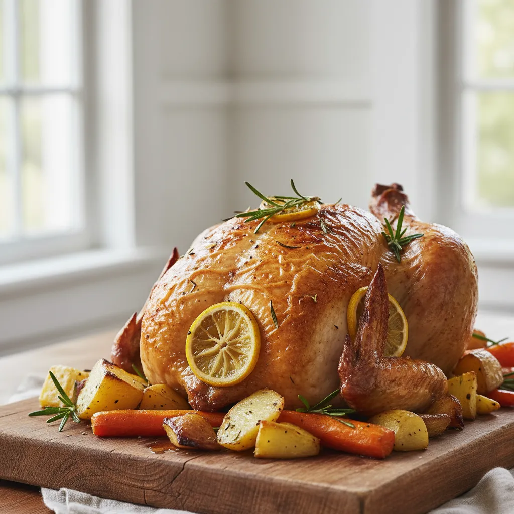 Close up of golden roasted chicken skin with rosemary garnish