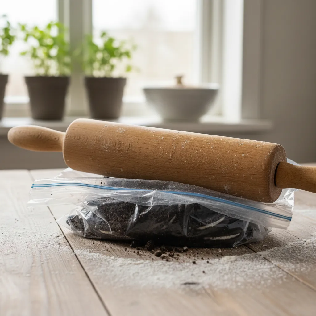 Rolling pin crushing chocolate cookies to create fine soil texture for baking