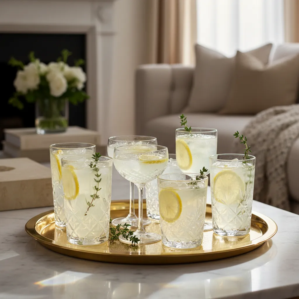 Assorted crystal glassware on a gold tray highlighting textures and light refraction