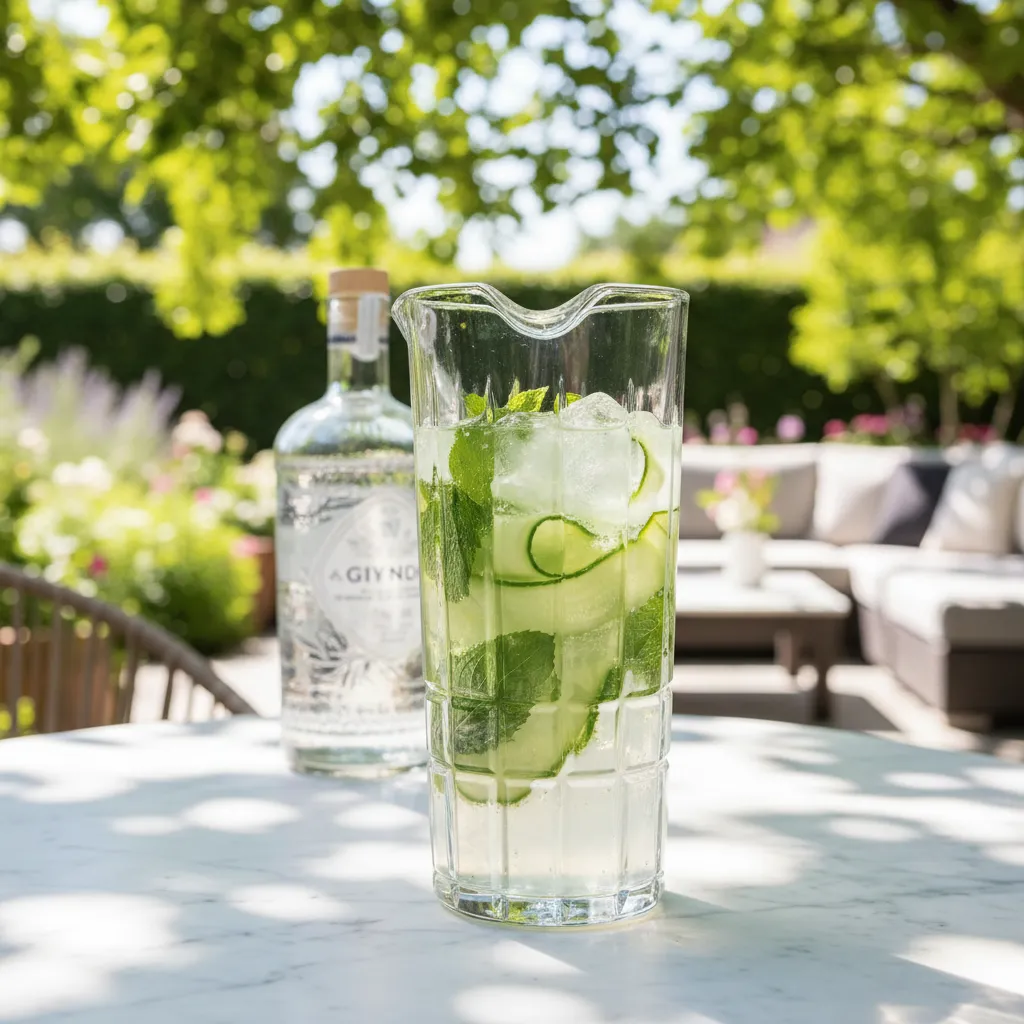 Crystal pitcher filled with cucumber mint gin fizz punch on a patio table