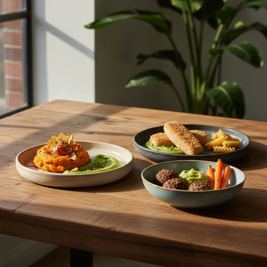 Close up of food textures on ceramic plates atop a wooden table