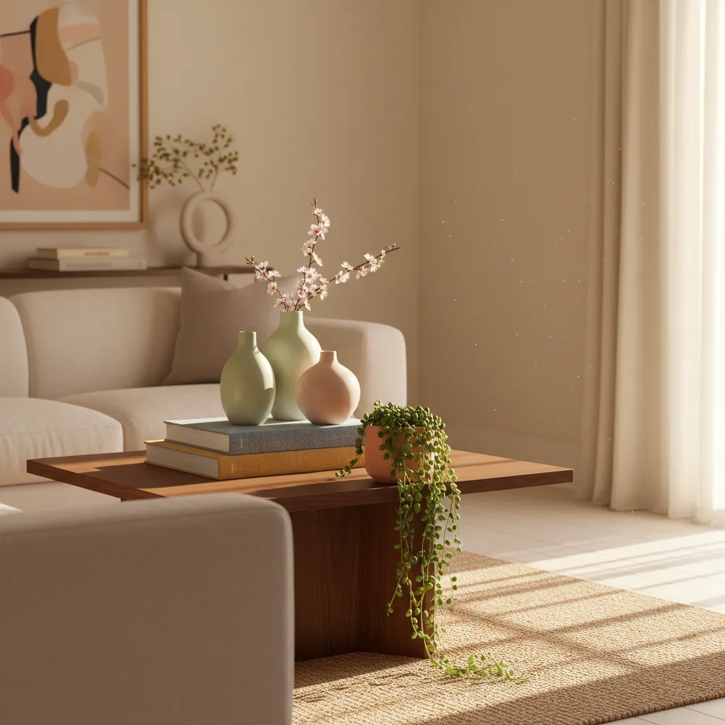 Bright living room coffee table styled with ceramic vases and art books for a spring update