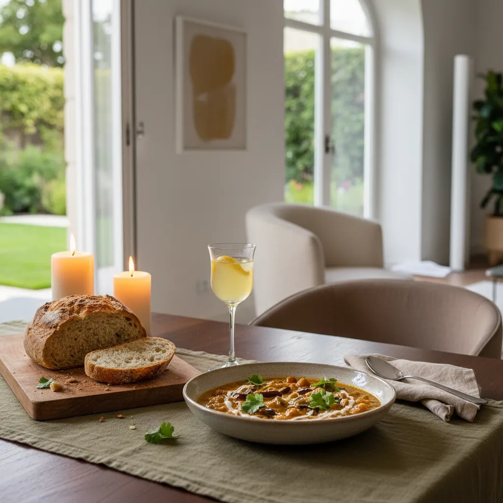 Elegant dining table setting with coconut curry, rustic bread, and soft lighting