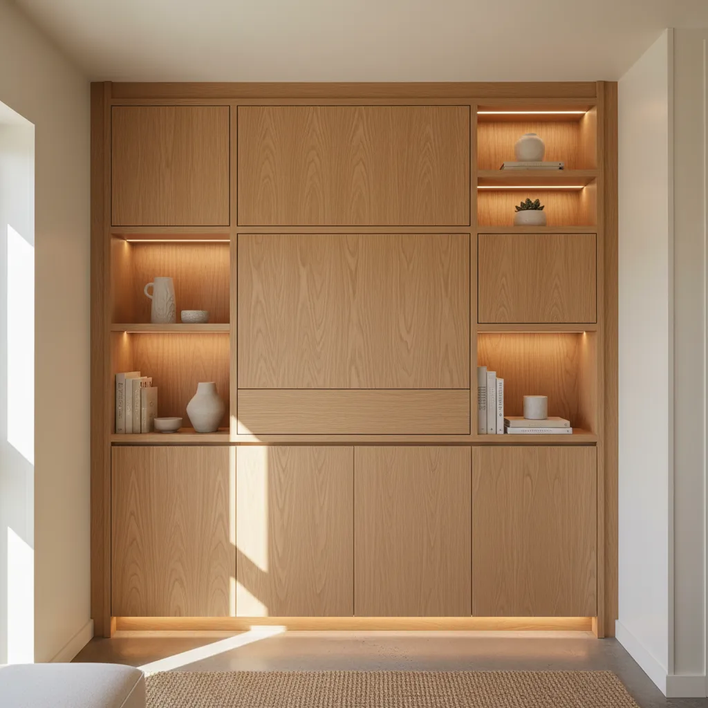 Light oak custom shelving unit built into a trailer living room wall