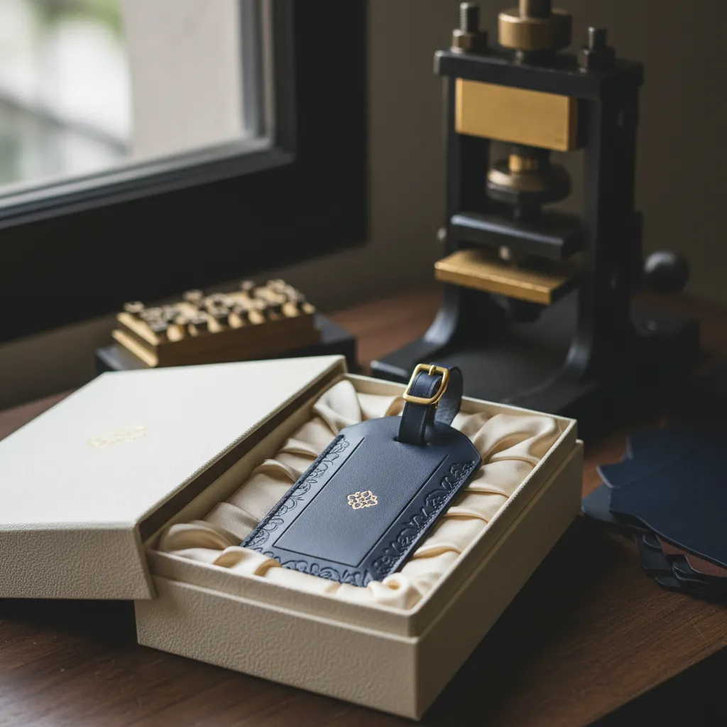 Navy blue leather luggage tag with gold embossing inside a cream satin-lined gift box