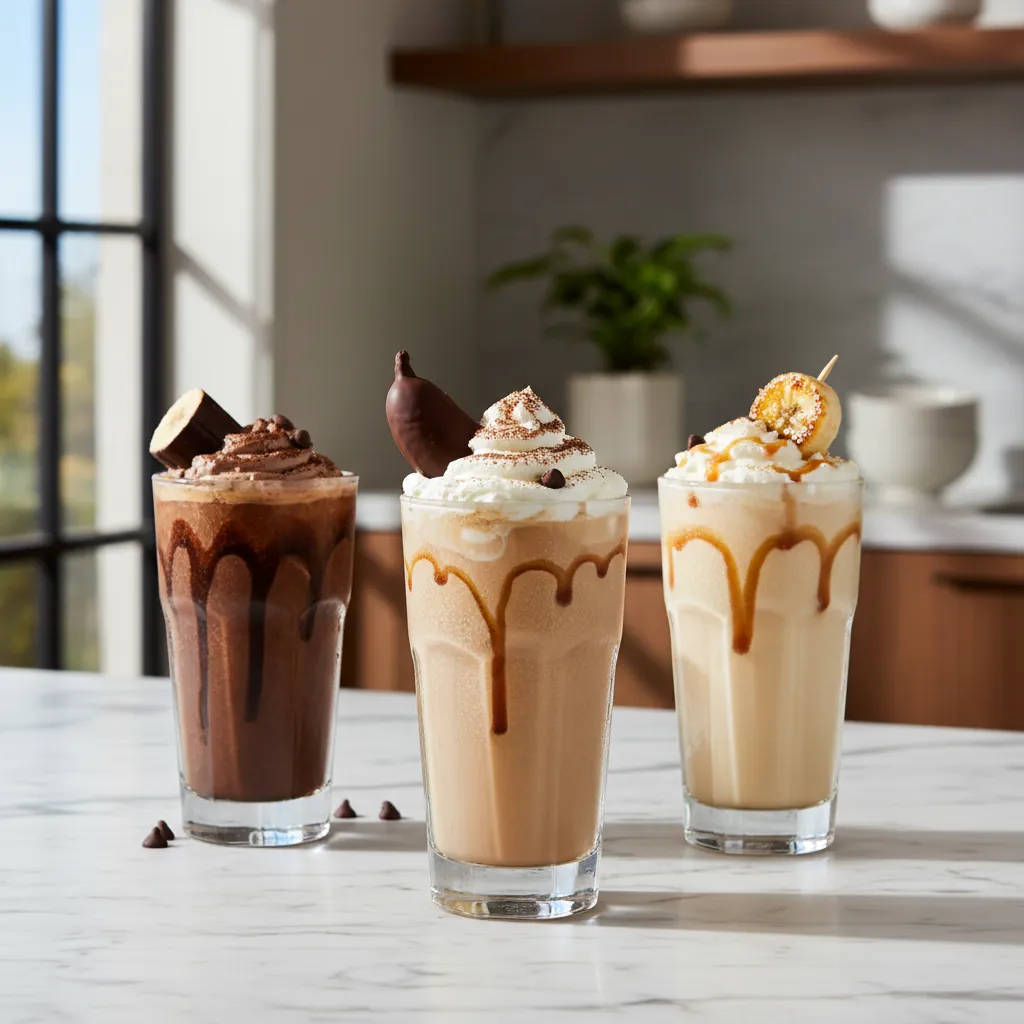 Three variations of banana coffee chillers displaying different textures and toppings