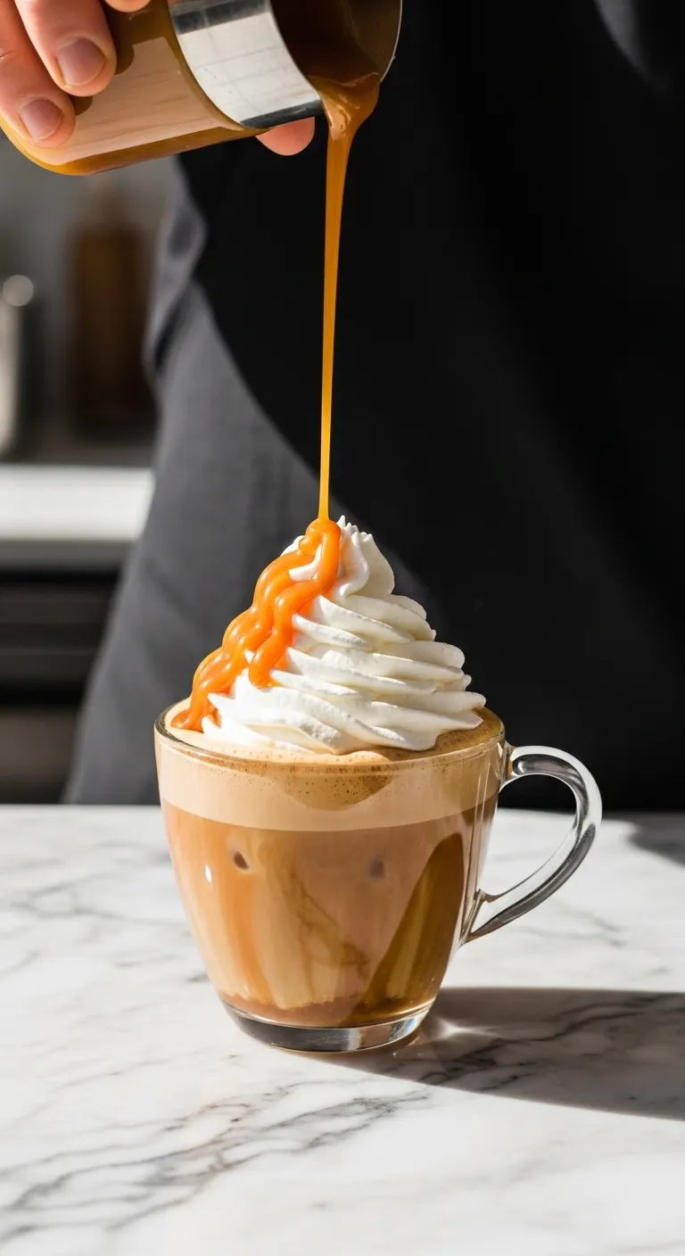Barista adding caramel drizzle to whipped cream topping on apple spice drink