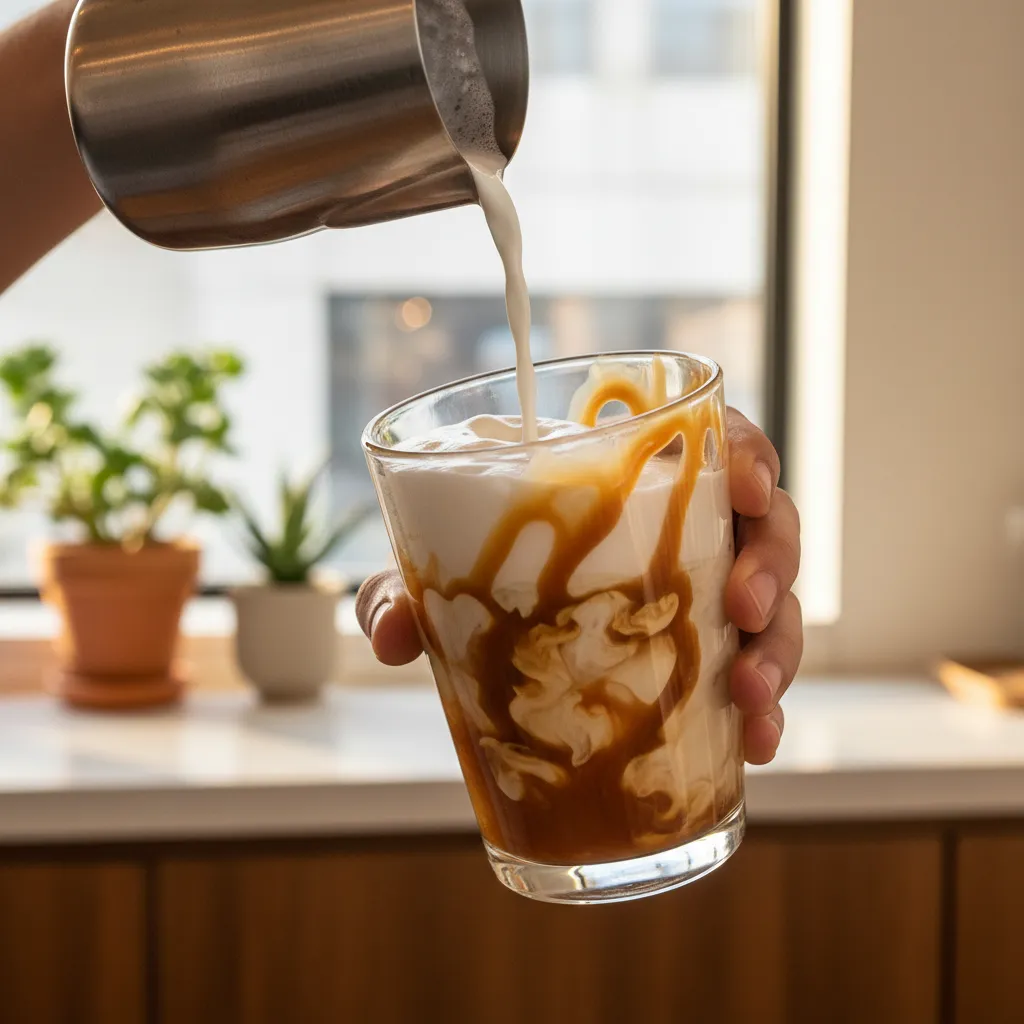 Barista pouring steamed milk into a caramel drizzled glass for a caffeine-free drink