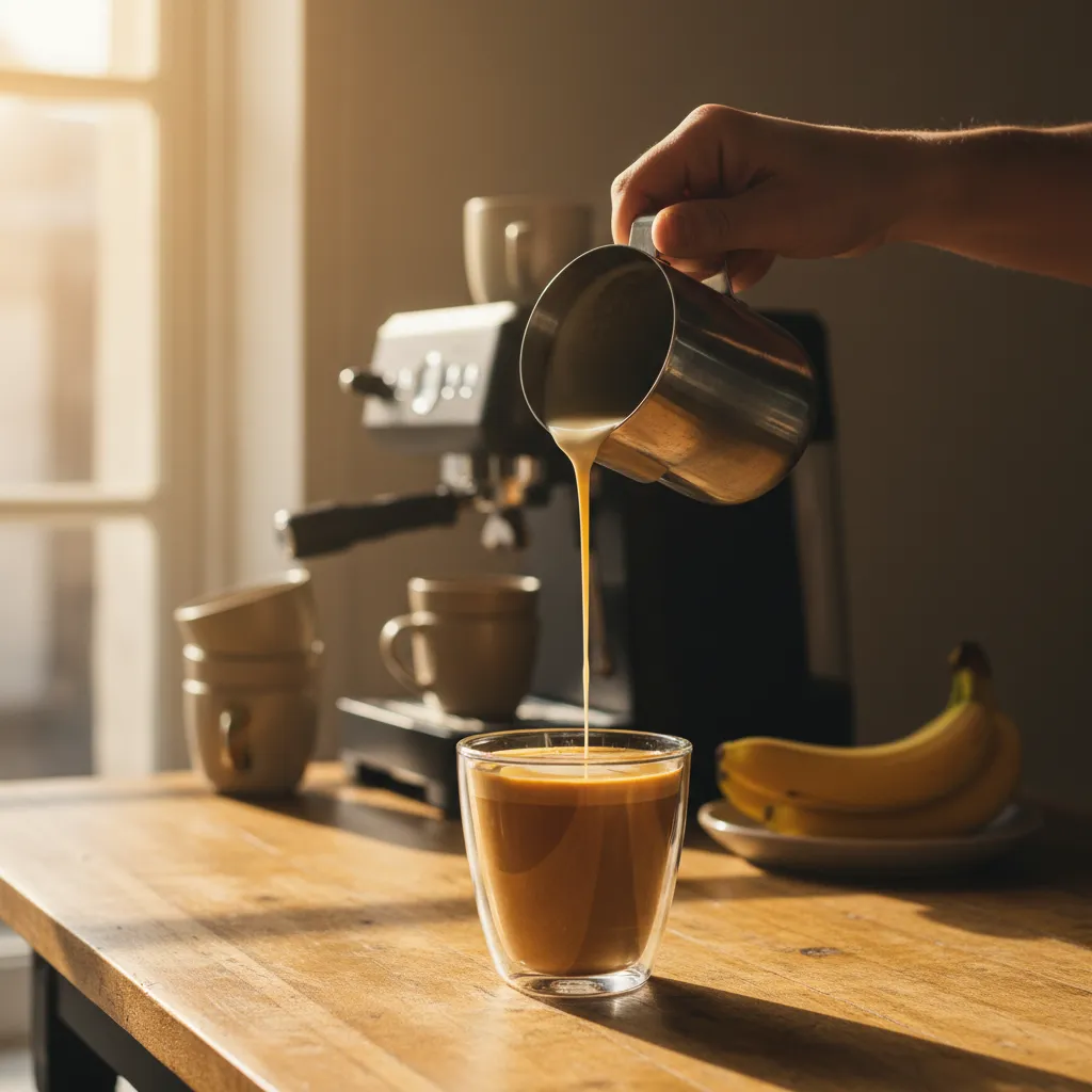 Barista pouring white chocolate sauce into a banana flavored coffee drink