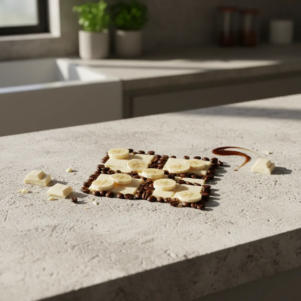 Geometric flat lay of white chocolate and coffee ingredients