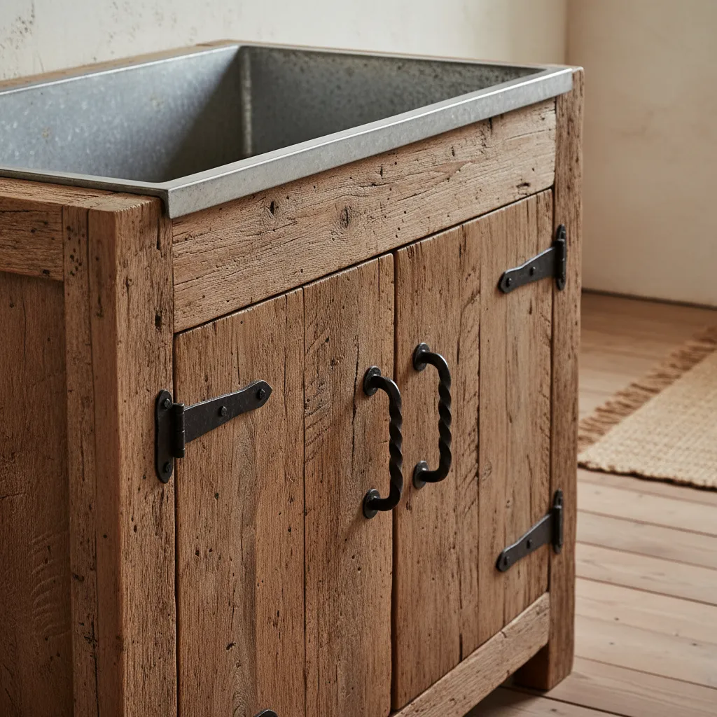 Close up of hand-forged iron hardware on a primitive dry sink cabinet