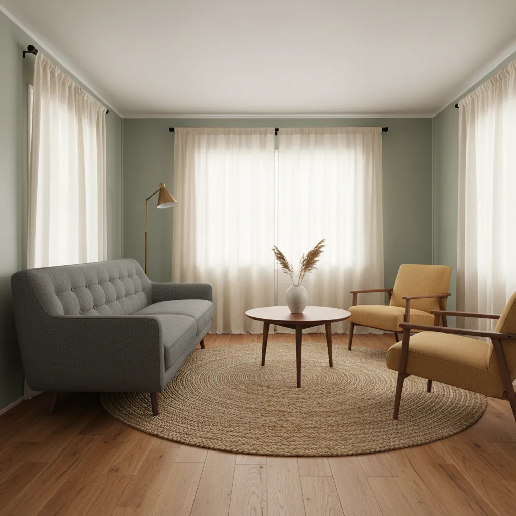 Angled sofa arrangement in a narrow mobile home living room