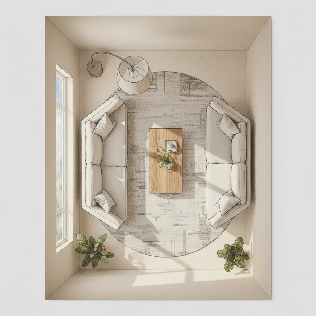 Floor plan diagram showing traffic flow in diagonal furniture layout