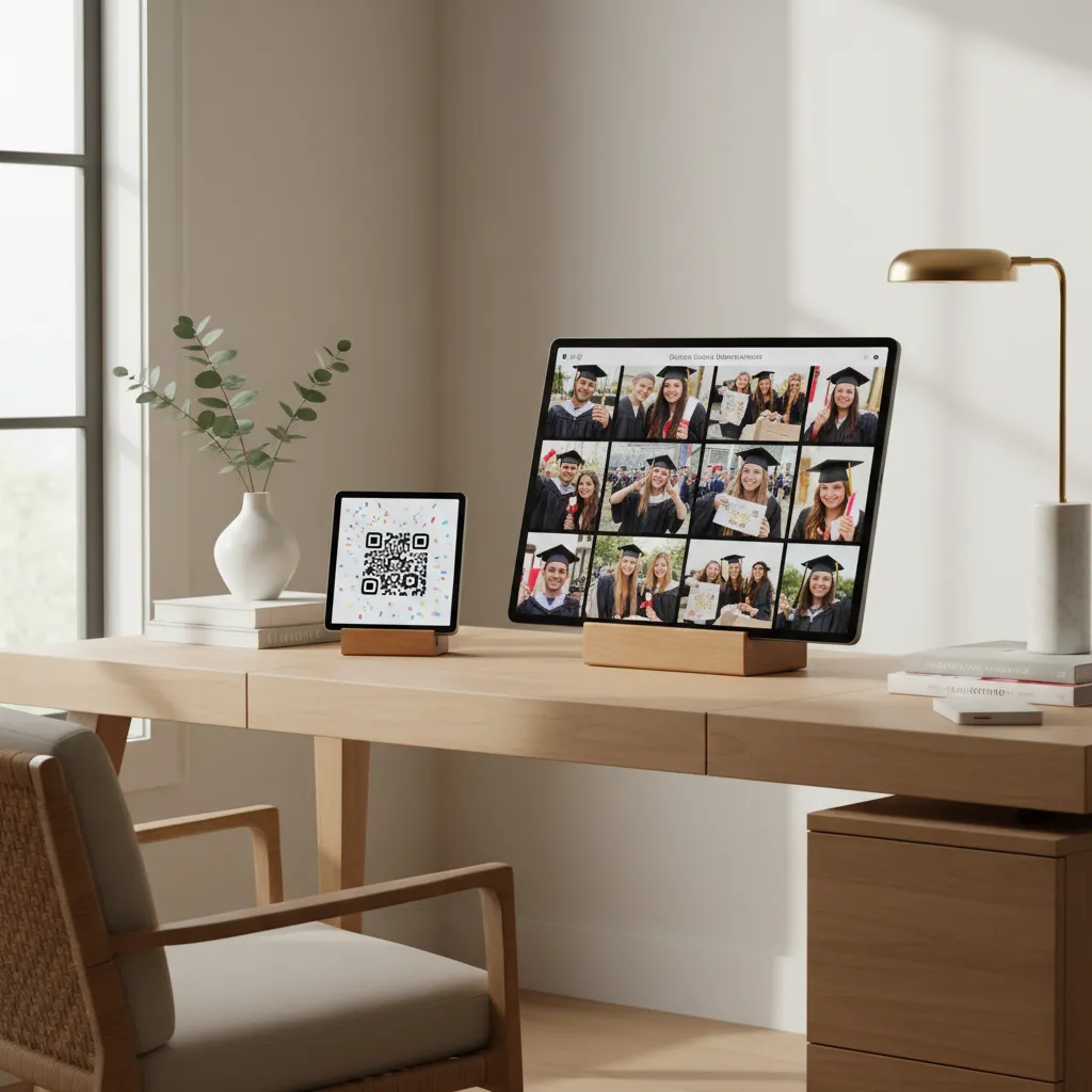 A tablet showing a photo gallery in a minimalist home setting.