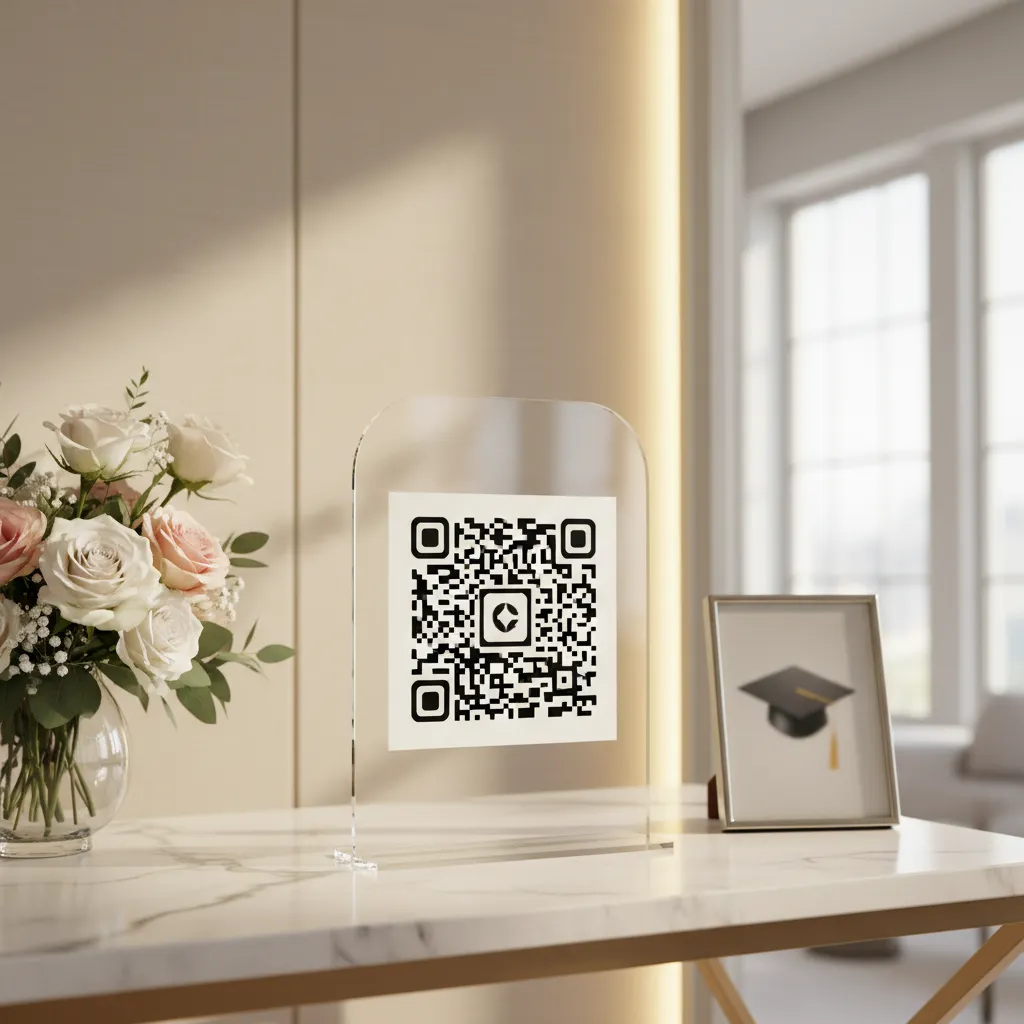 A modern QR code display on a marble table for a graduation party.