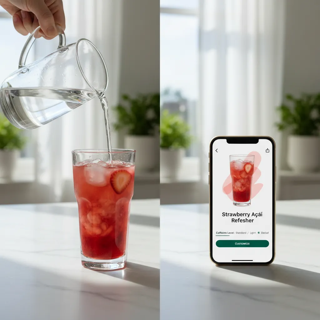 Water being poured into a red strawberry drink to adjust concentration