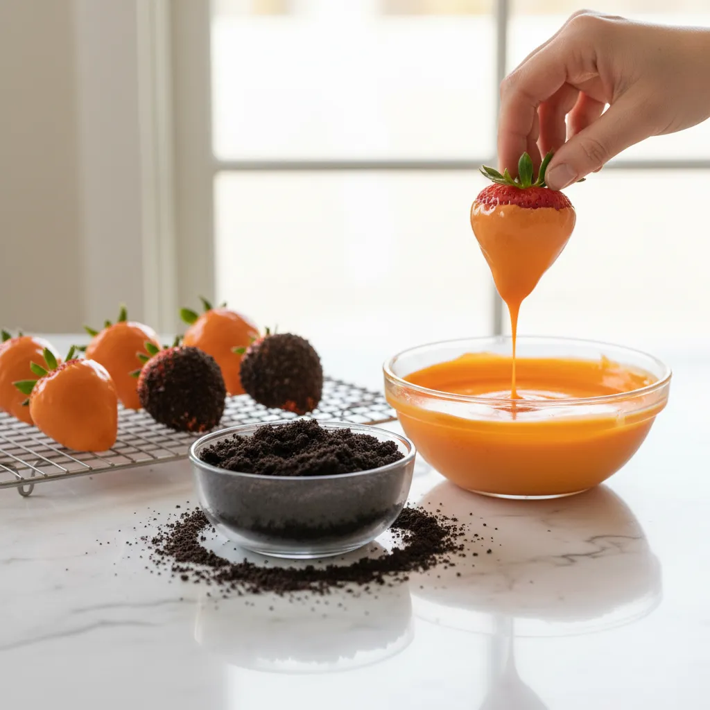Process of dipping strawberries in orange coating for Easter treats