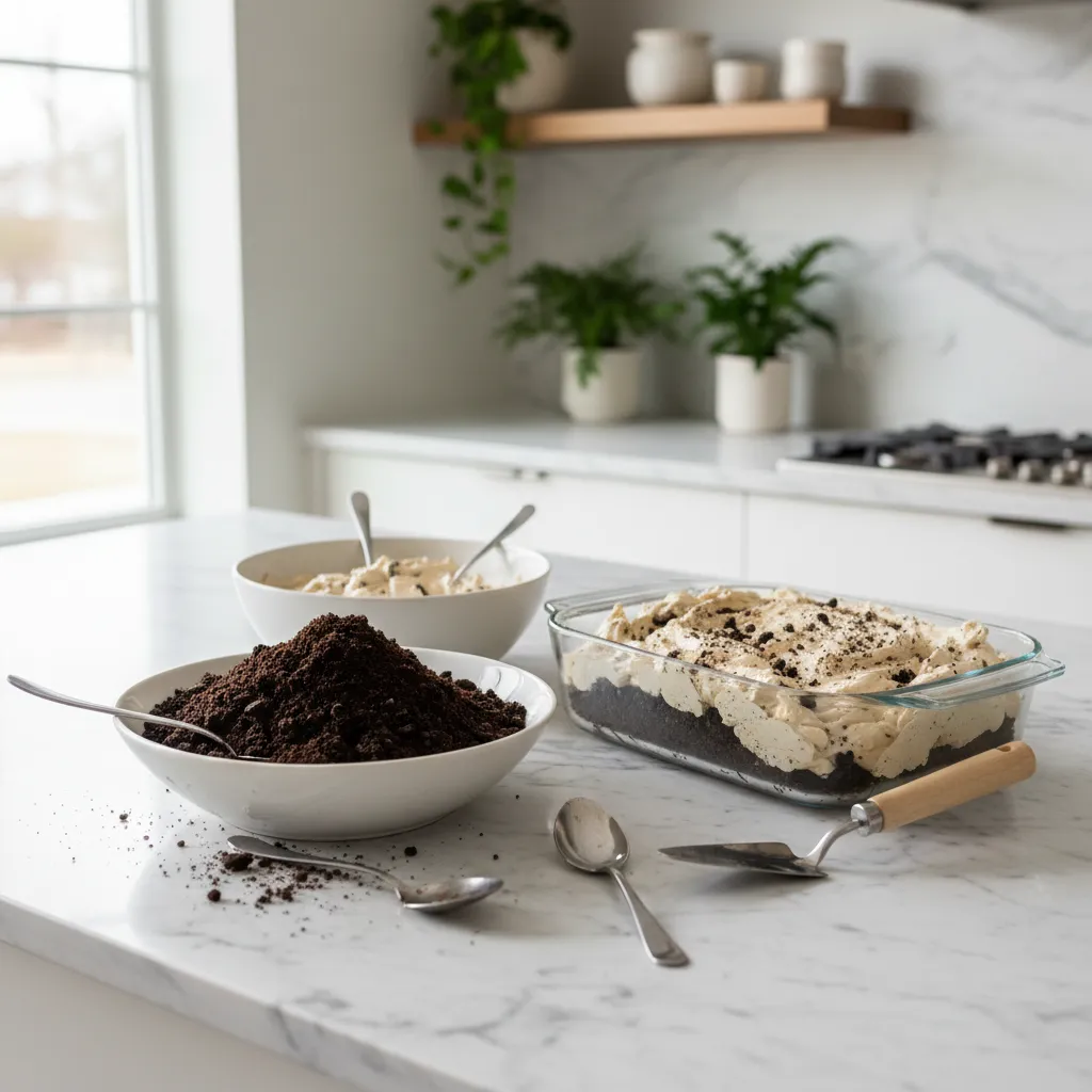 Ingredients for dirt cake arranged on a marble kitchen countertop